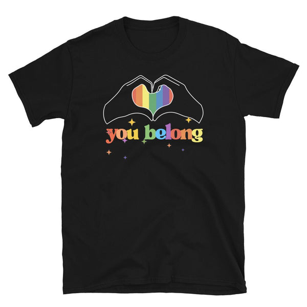 Black gay pride shirt featuring heart graphic and 'you belong' text design.