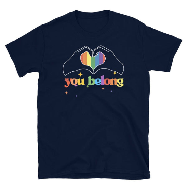 Navy blue pride shirt with heart design and text 'you belong' for LGBT support.