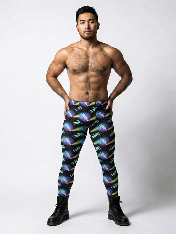 Model wearing futuristic leggings with colorful space graphics, ideal for activewear.